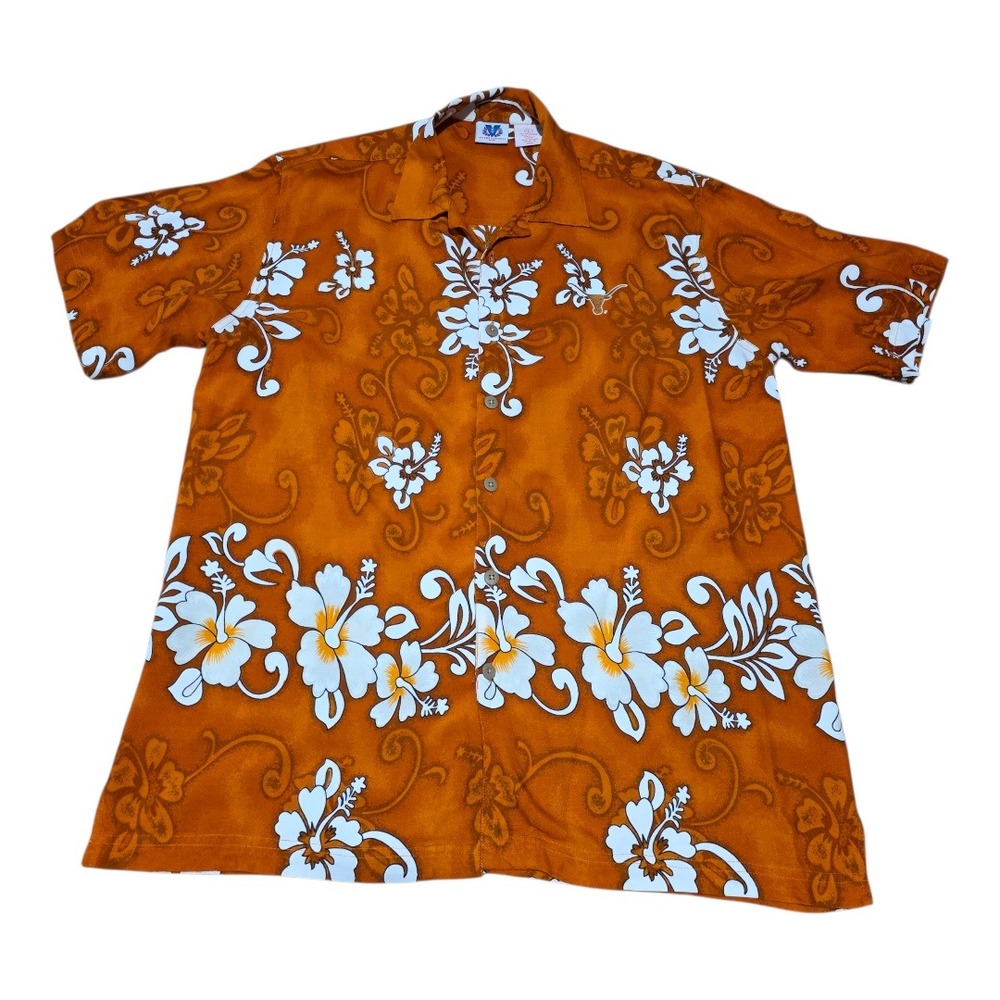 Victory Sports EMI‎ Mens Orange Hibiscus Longhorns UT Button Up Shirt Large Y2K